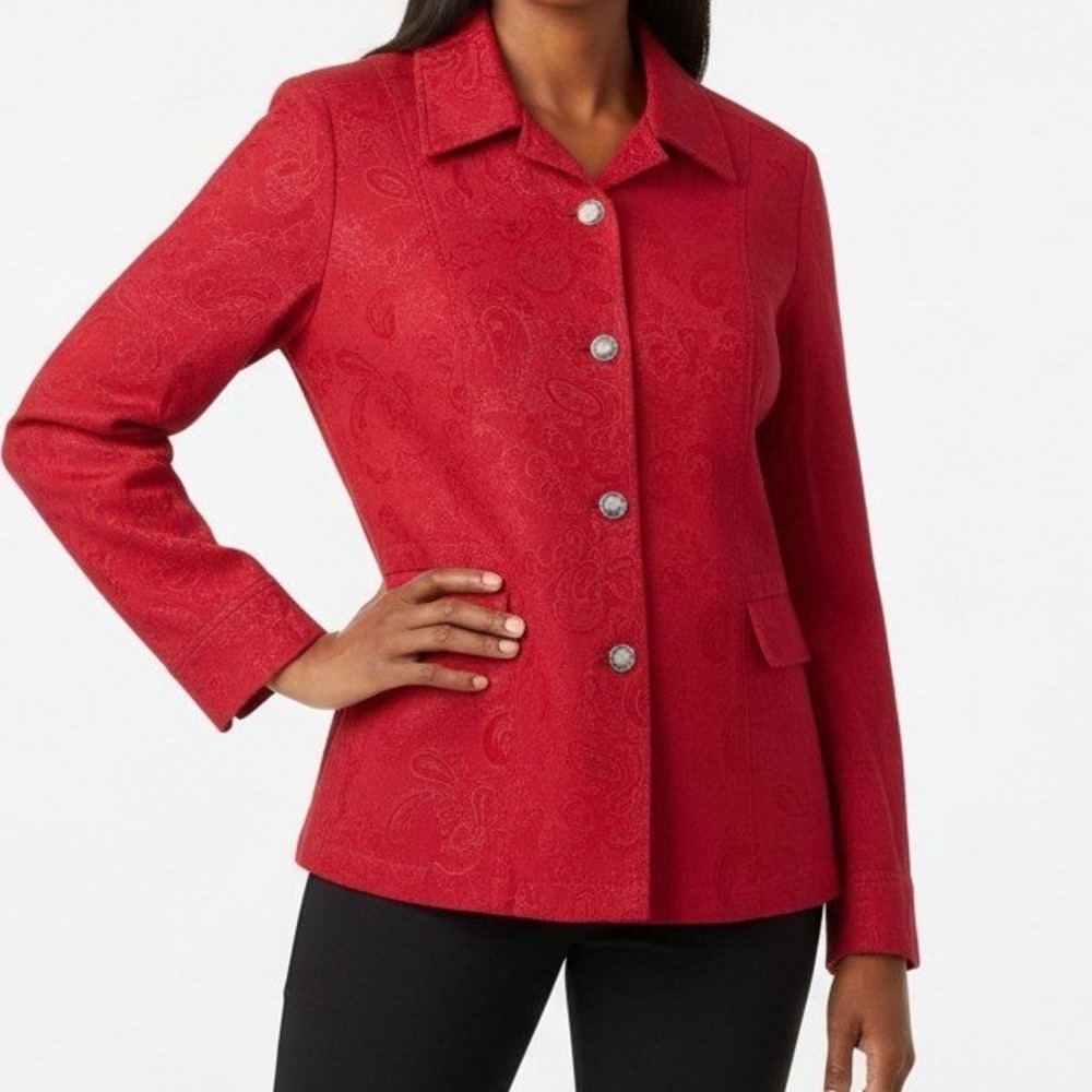 Christopher & Banks Women Jacket Red Paisley Jacquard Button Front Casual Size M